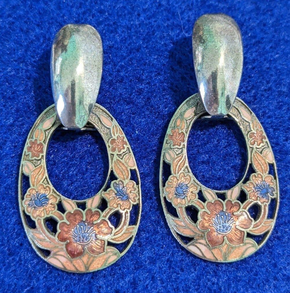 Door Knocker Cloisonne Flower Motif Post Earrings